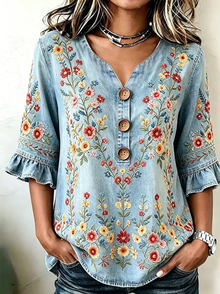 Women Floral V Neck Half Sleeve Blouse Printing Vintage Daily Summer Top