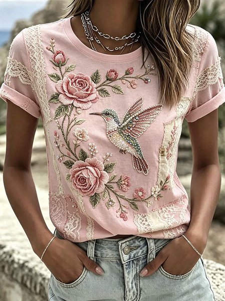 Women Floral Short Sleeve Tee T-shirt Crew Neck Casual Summer Top