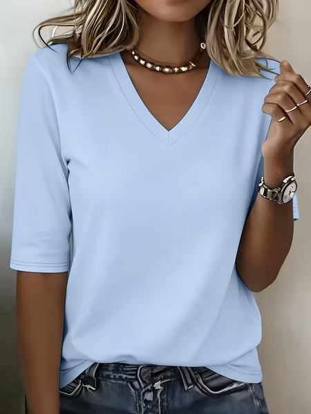 Casual Plain V Neck Half Sleeve T-shirt