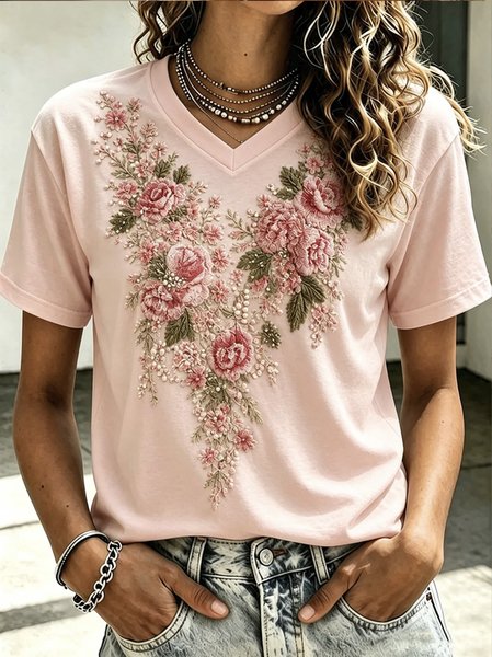 Women Floral Short Sleeve Tee T-shirt V Neck Casual Summer Top