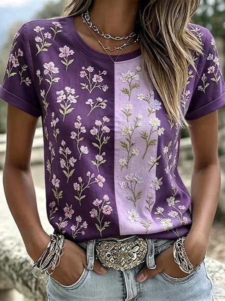 Women Floral Short Sleeve Tee T-shirt Crew Neck Printing Casual Graphic Tee Summer Top