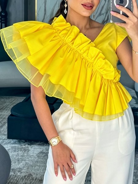 

Urban Plain Split Joint V Neck Blouse, Yellow, Blouses and Shirts