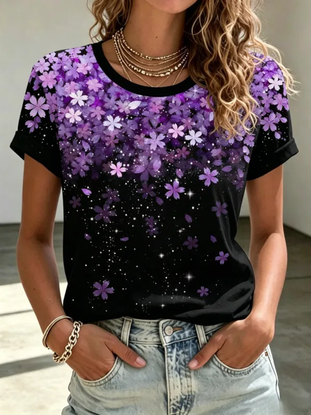 Women Floral Short Sleeve Tee T-shirt Crew Neck Printing Casual Graphic Tee Summer Top