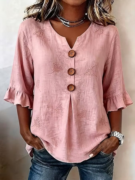 

Women Floral V Neck Half Sleeve Blouse Printing Vintage Daily Summer Top, Pink, Blouses