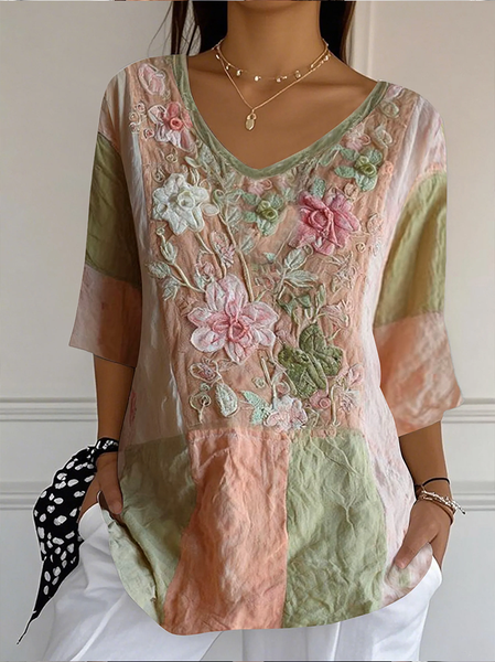 Women Floral Three Quarter Sleeve Tee T-shirt V Neck Printing Casual Graphic Tee Spring/Fall Top