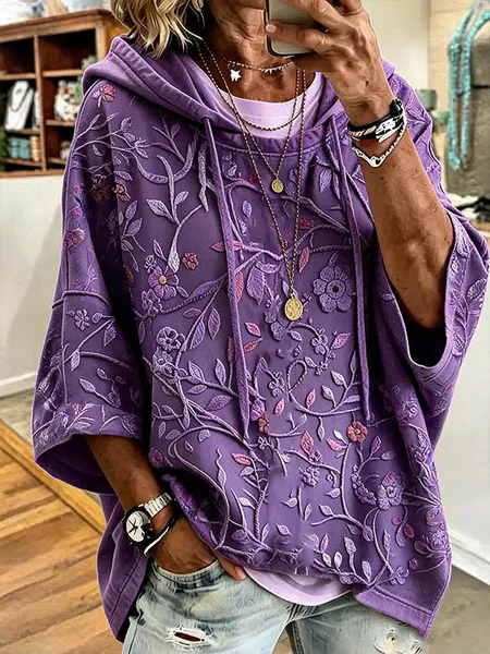 Women Floral Printing Half Sleeve Casual Daily Spring/Fall Hoodie