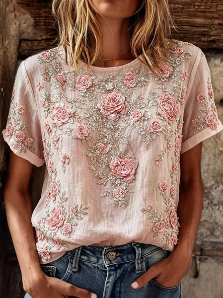 Women Floral Short Sleeve Tee T-shirt Crew Neck Printing Casual Graphic Tee Summer Top