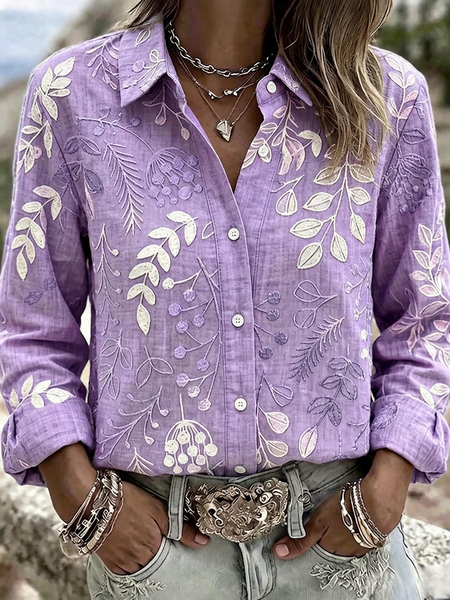 Shirt Collar Long Sleeve 3D Printing Regular Micro-Elasticity Regular Fit Shirt For Women