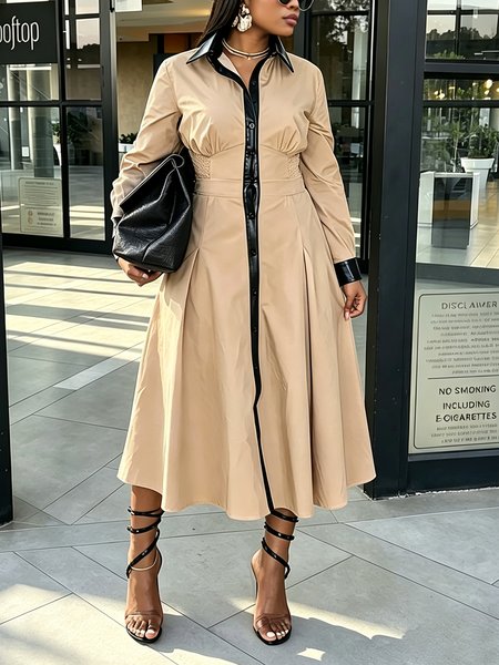 Urban Color Block Split Joint Shirt Collar Midi Dress