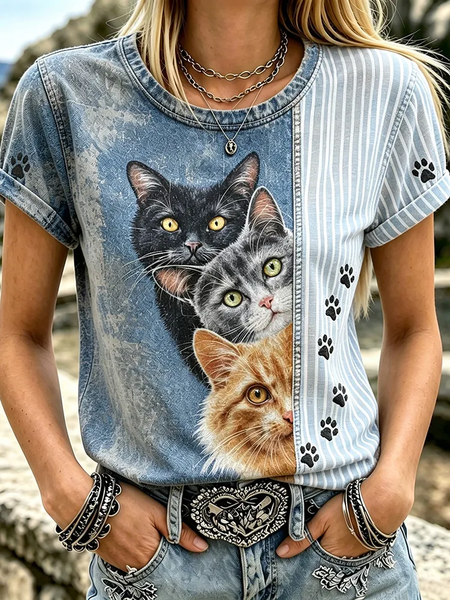 

Casual Animal Crew Neck Short Sleeve T-shirt, As picture, T-shirts