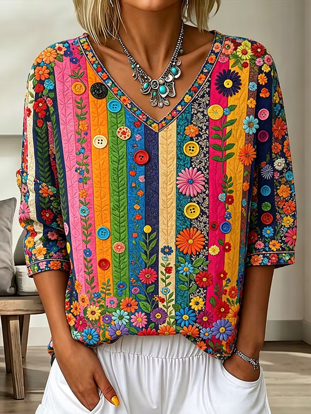 

Vintage Floral V Neck Half Sleeve T-shirt, Multicolor, T-shirts