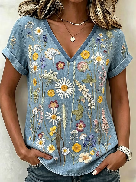 

Vintage Floral V Neck Short Sleeve T-shirt, Blue, T-shirts
