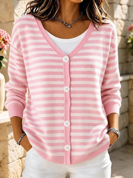 Women Striped Long Sleeve V Neck Casual Spring/Fall Cardigan Outerwear