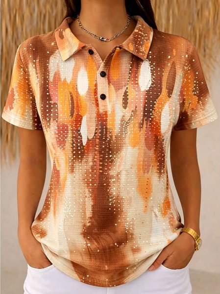 

Casual Geometric Half Open Collar Short Sleeve T-shirt, Orange, T-shirts