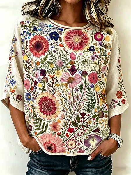 Crew Neck Half Sleeve Floral Printing Regular Micro-Elasticity Loose Blouse For Women
