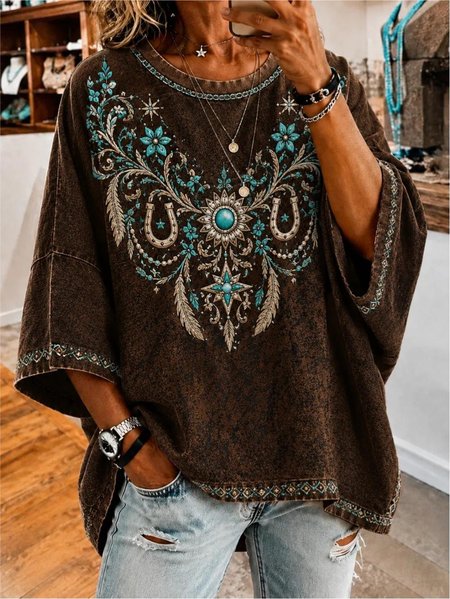 

Vintage Floral Crew Neck Half Sleeve T-shirt, Brown, Hoodies & Sweatshirts