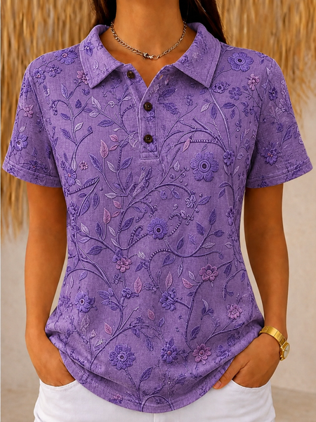 

Casual Floral Half Open Collar Short Sleeve T-shirt, Purple, T-shirts