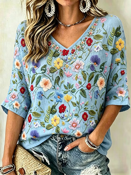 

Vintage Floral V Neck Half Sleeve T-shirt, Blue, T-shirts