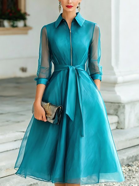 Elegant Plain Split Joint Shawl Collar Midi Dress With Belt