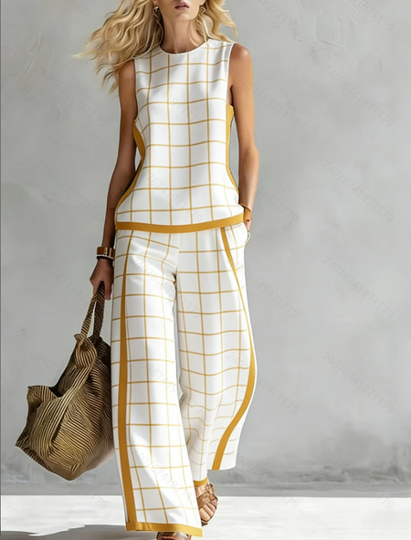 Women Color Block Two-Piece Set Daily Sleeveless Casual Summer Top With Pants Matching Set
