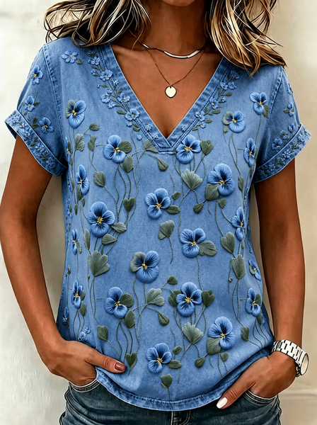 Vintage Floral V Neck Short Sleeve T-shirt