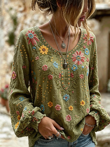 Crew Neck Long Sleeve Geometric Printing Lightweight Micro-Elasticity Loose Blouse For Women