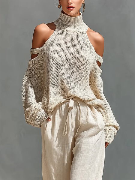 Casual Plain Hollow Out Turtleneck Sweater