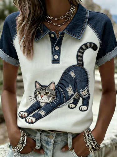 Casual Cat Half Open Collar Short Sleeve T-shirt