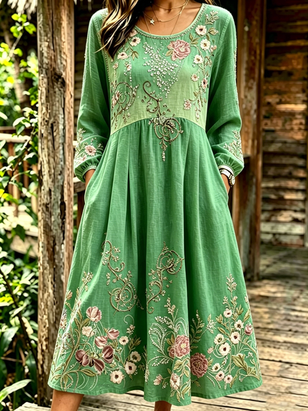 

Women Floral Spring/Fall Dress Crew Neck Long Sleeve Linen H-Line Dress, Green, Dresses