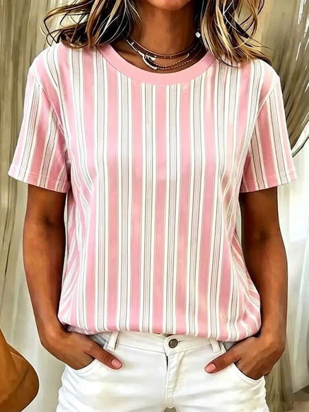 Women Striped Short Sleeve Tee T-shirt Crew Neck Printing Casual Graphic Tee Summer Top