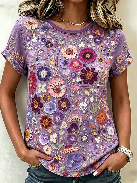 Casual Floral Crew Neck Short Sleeve T-shirt