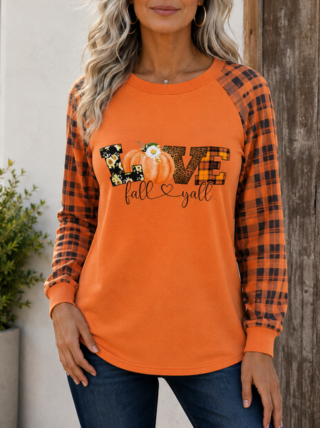 Casual Crew Neck Plaid Sweatshirt Printing