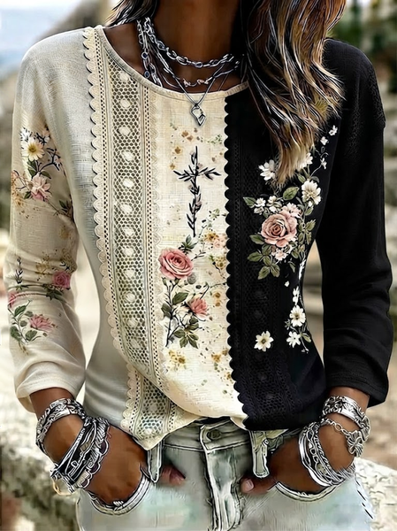 Women Floral Long Sleeve Tee T-shirt Crew Neck Printing Casual Graphic Tee Spring/Fall Top