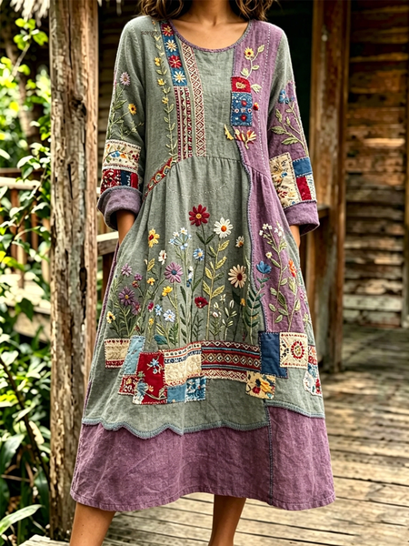 Women Floral Spring/Fall Dress Crew Neck Long Sleeve Linen H-Line Dress