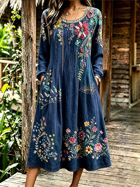 Women Floral Spring/Fall Dress Crew Neck Long Sleeve Linen H-Line Dress