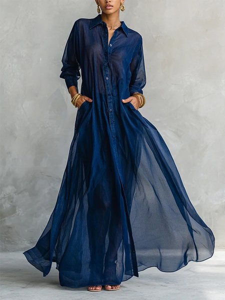 Casual Plain Split Joint Shirt Collar Maxi Dress
