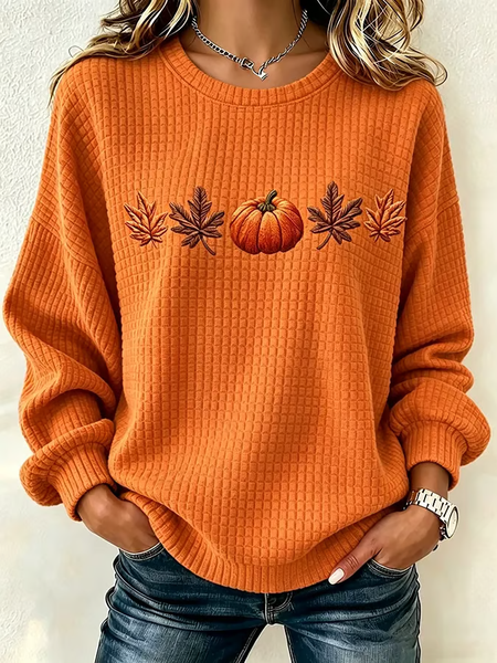 Casual Crew Neck Maple Leaf Sweatshirt Printing
