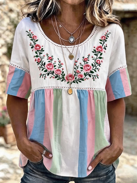Crew Neck Half Sleeve Floral Regular Micro-Elasticity Loose Blouse For Women