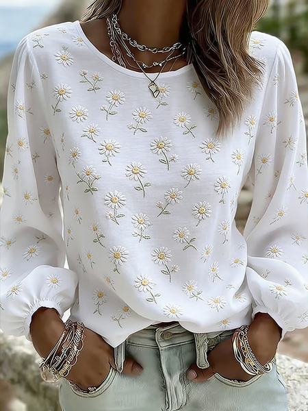 

Crew Neck Long Sleeve Floral Printing Regular Micro-Elasticity Regular Fit Blouse For Women, White, Blouses