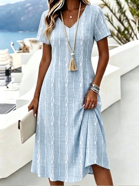Women Geometric Short Sleeve V Neck Dress Daily Vintage Midi T-Shirt Dress A-Line Summer Dress