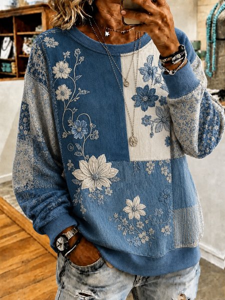 

Casual Crew Neck Floral Sweatshirt Printing, Blue, Hoodies & Sweatshirts