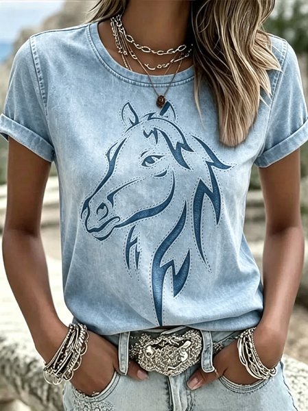 Women Animal Short Sleeve Tee T-shirt Crew Neck Casual Summer Top
