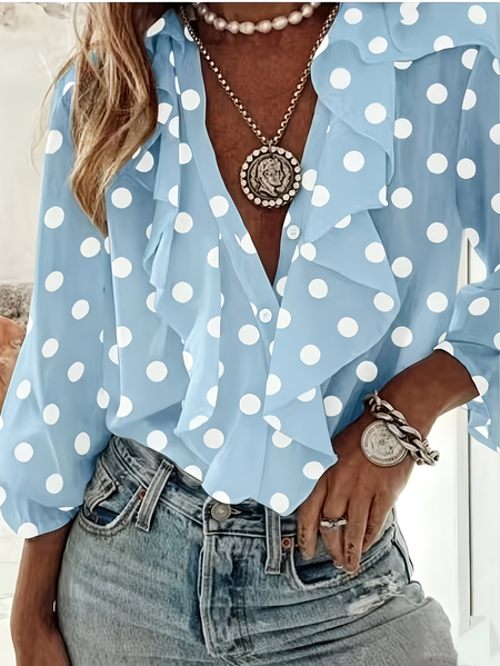 

V Neck Long Sleeve Polka Dots Regular Micro-Elasticity Regular Fit Shirt For Women, Blue, Shirts