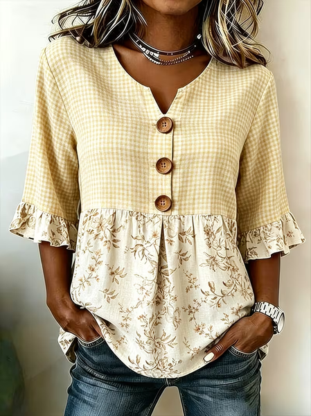 Women Floral V Neck Half Sleeve Blouse Printing Vintage Daily Summer Top