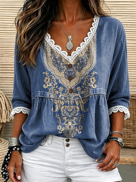 Women Floral V Neck Half Sleeve Blouse Split Joint Casual Daily Summer Top