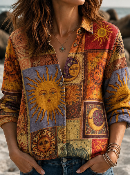 

Shirt Collar Long Sleeve Ethnic Printing Regular Micro-Elasticity Loose Shirt For Women, Orange, Shirts