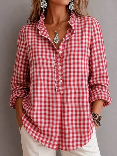 

Half Open Collar Long Sleeve Plaid Regular Regular Fit Shirt For Women, Red, Shirts