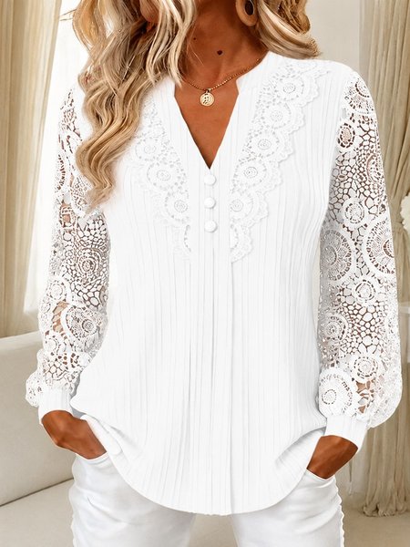 

V Neck Long Sleeve Plain Regular Micro-Elasticity Regular Fit Shirt For Women, White, Shirts