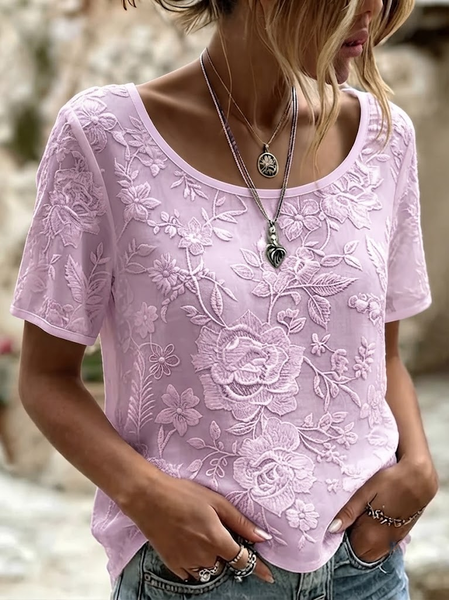 

Casual Floral Crew Neck Short Sleeve T-shirt, Light purple, T-shirts
