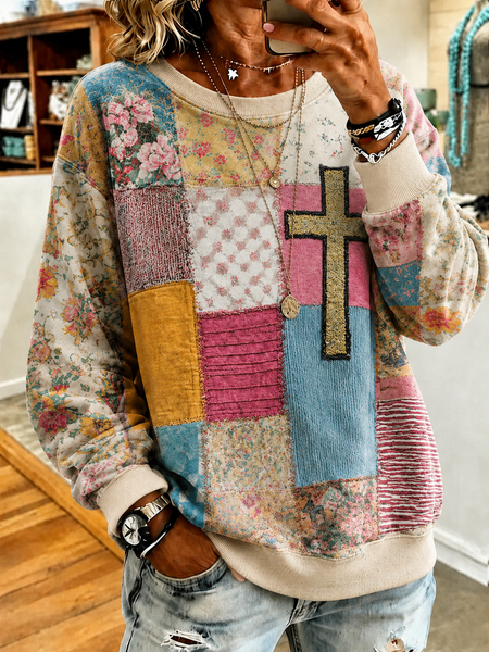 Women Floral Crew Neck Printing Casual Spring/Fall Long Sleeve Sweatshirt